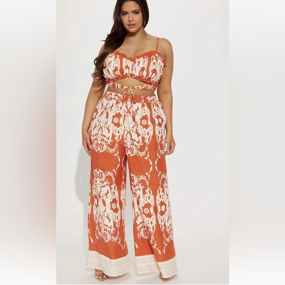Fashion Nova Orange and White Wide Leg Pant Set